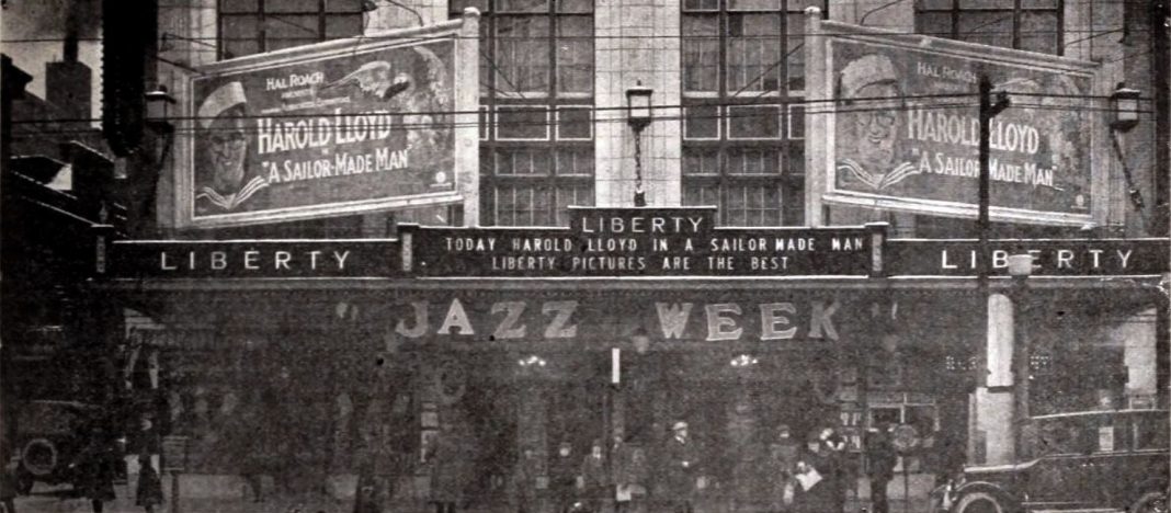 Liberty Theater (Paramount) in Youngstown showing the silent comedy “A Sailor-Made Man” (1921) with Harold Lloyd. Public-domain image. Published by the trade publication Exhibitors Herald on Feb. 18, 1922.