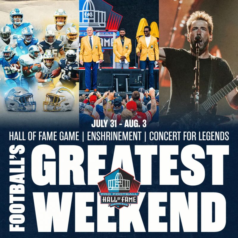 Image depicts ‘Enshrinement Week’ at the Pro Football Hall of Fame in Canton. From the article Art Museum, Galleries for summer. The event allows football fans to see and interact with over 100 Hall of Famers as the museum kicks off the National Football League’s 106th season. July 31-Aug. 3.