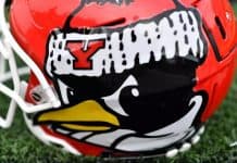 This pictures depicts a YSU Football helmet. Penguins to kick off season Aug. 28 against Mercyhurst