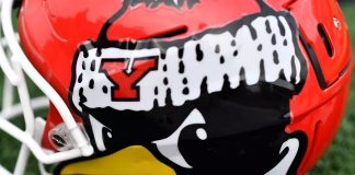 This pictures depicts a YSU Football helmet. Penguins to kick off season Aug. 28 against Mercyhurst