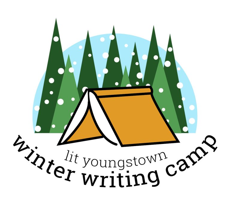 This image depicts the logo for Lit Youngstown’s Winter Writing Camp, a whimsical book in the forest that resembles a tent. Headline: Lit Youngstown sets Winter Writing Camp